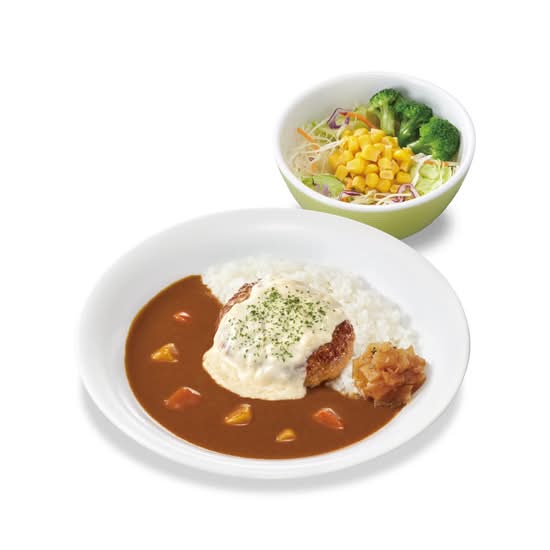 チーズインハンバーグカレー & サラダPork Curry Rice w/ Cheese-Stuffed Hamburg Steak& Salad