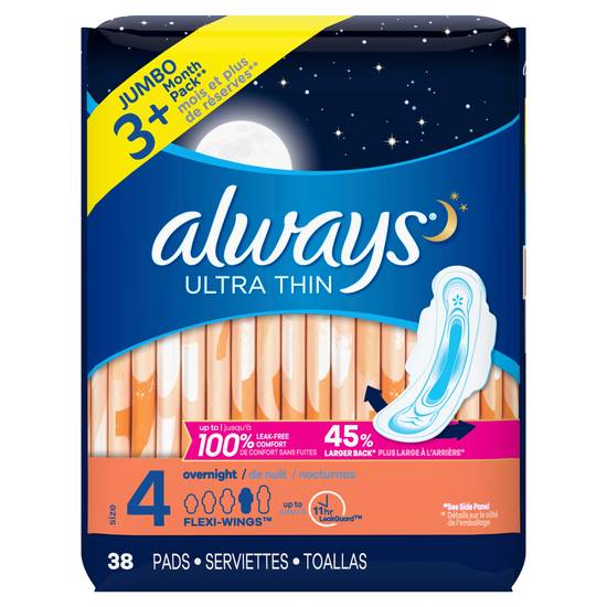 Always Ultra Thin Pads Size 4 Overnight Absorbency Scented with Wings, 38 Count