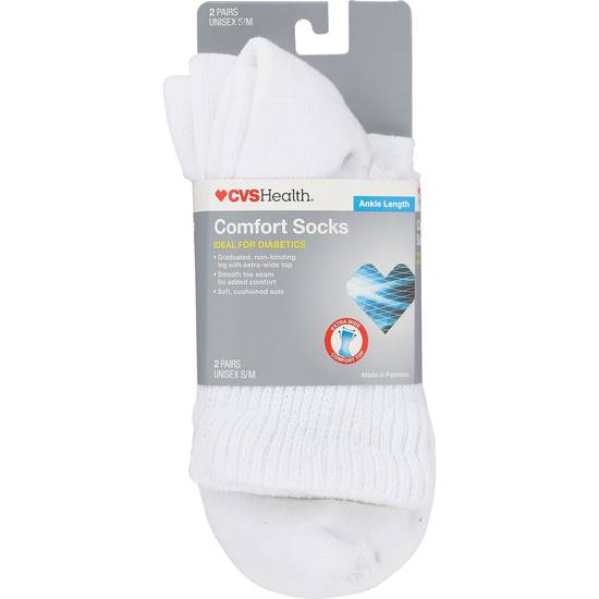 CVS Diabetic Comfort Socks Ankle Length Unisex, 2 Pairs, S/M, White