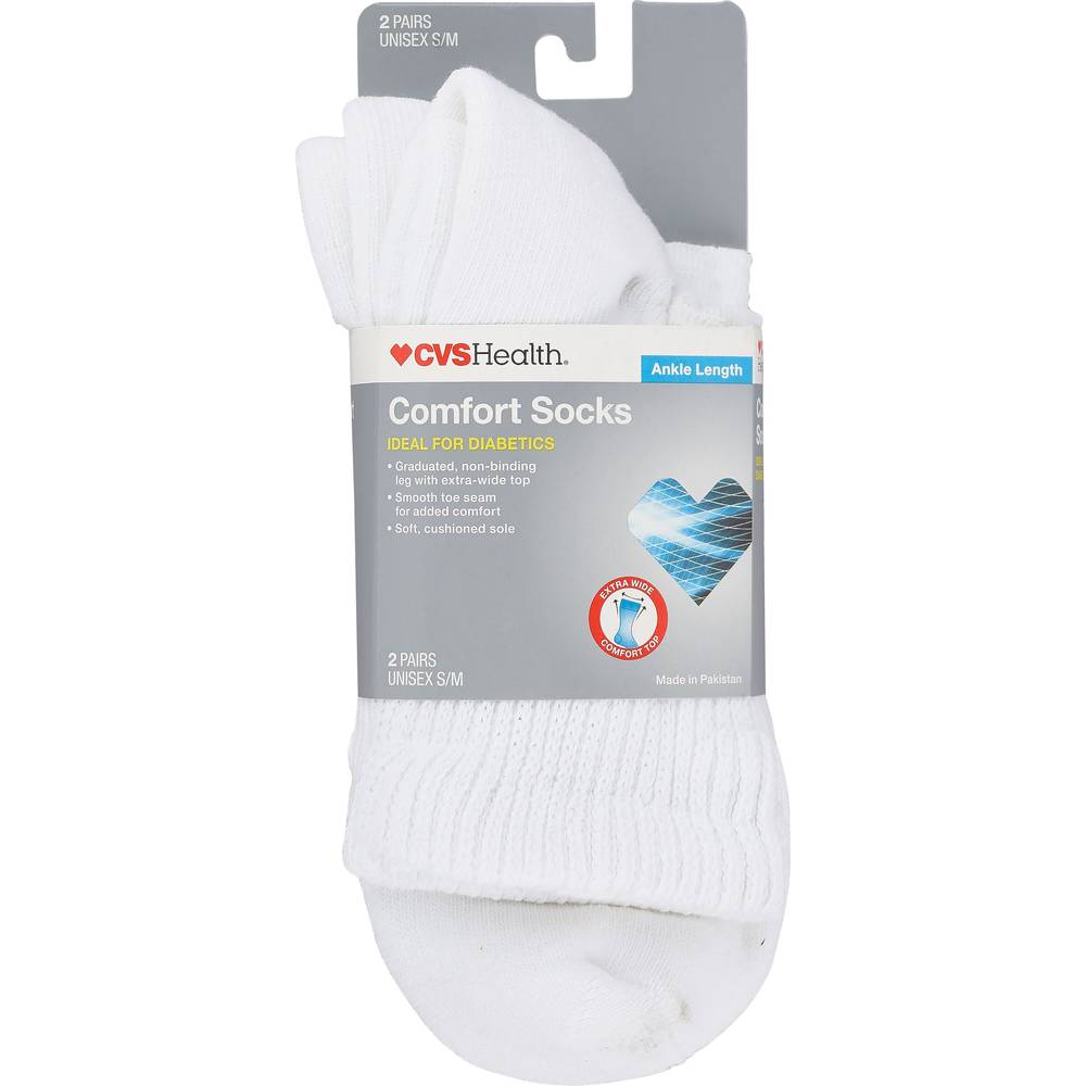 Cvs Diabetic Comfort Socks Ankle Length Unisex, 2 Pairs, S/M, White