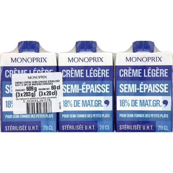 Monoprix Crème Légère Semi-Épaisse 18% Mg Les 3 Briques De 20 Cl