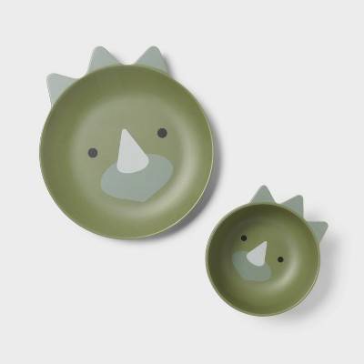 Kids' 2pc Bamboo and Melamine Dino Dinnerware Set Green - Pillowfort™