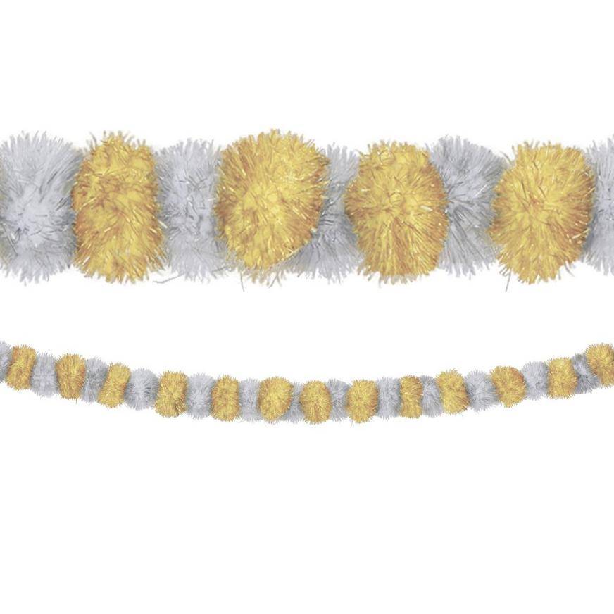 Gold Silver Christmas Tinsel Pom-Pom Garland, 9ft