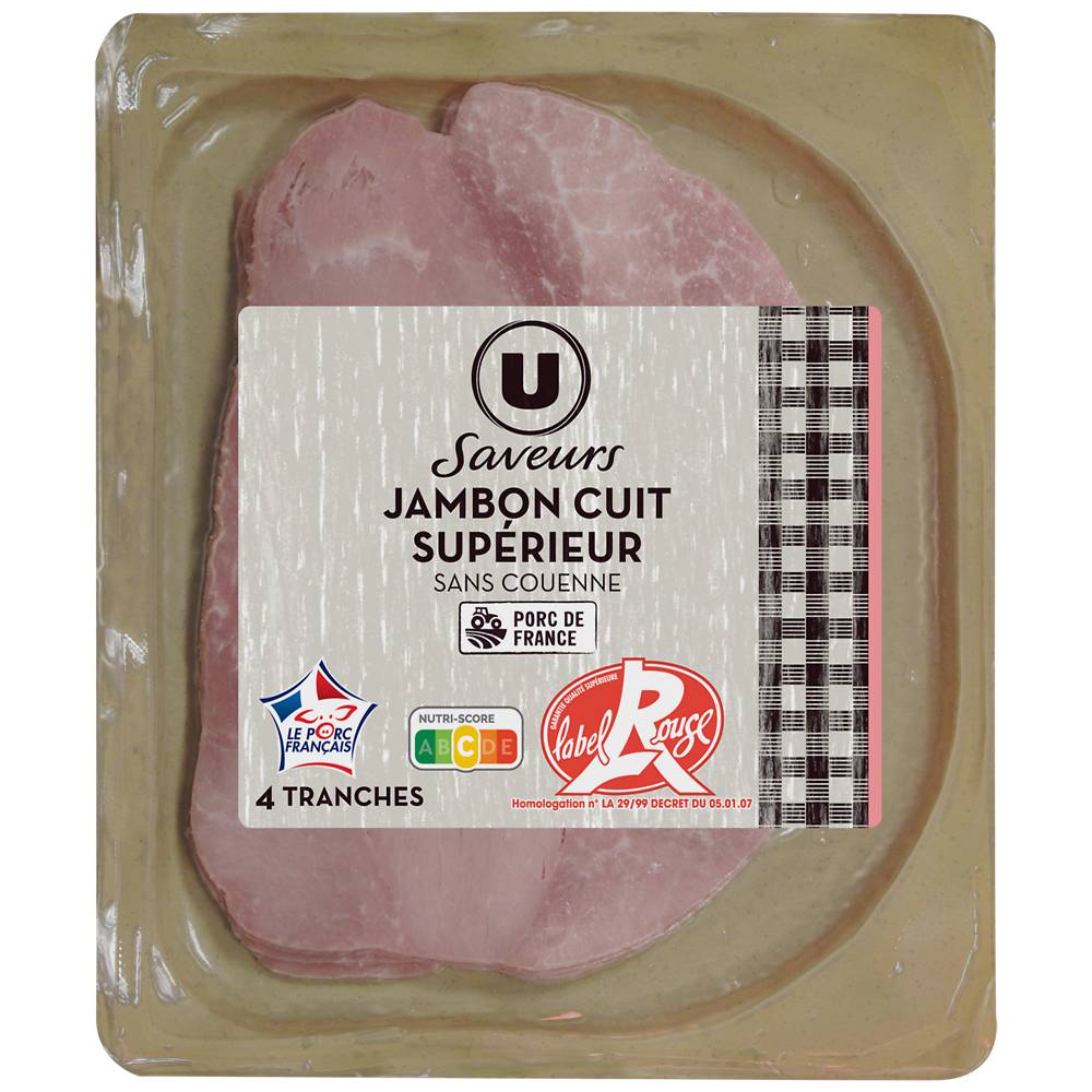 U - Jambon cuit supérieur découenné label rouge (4 pièces)