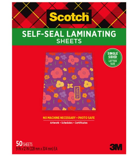 Scotch® Self-Seal Laminating Sheets, 9" x 12", 50 Laminating Sheets, Fits Letter Size