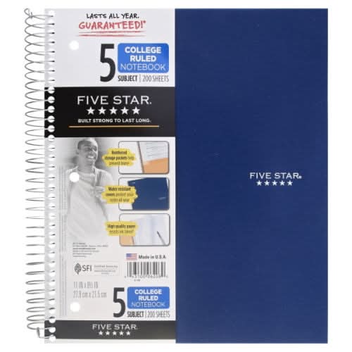 Five Star Notebook, College Ruled, 5 Subject