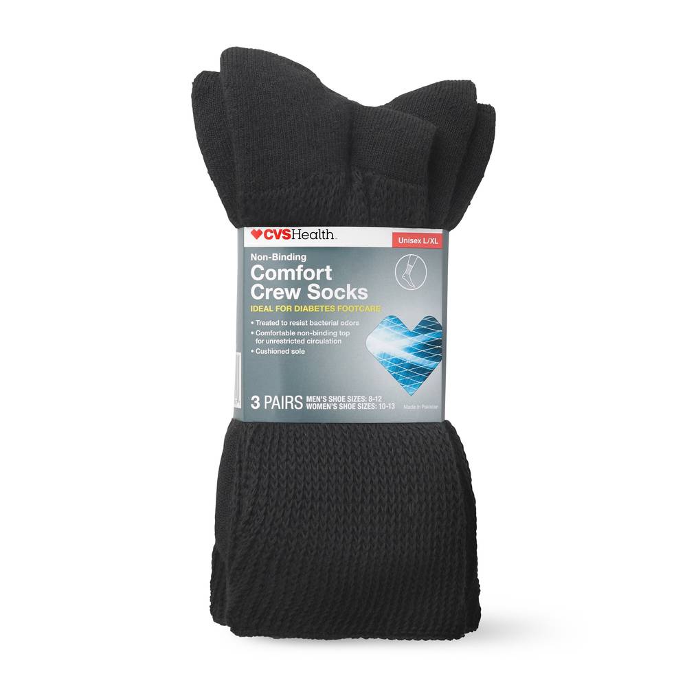 CVS Health Non-Binding Comfort Crew Socks for Diabetics Unisex, 3 Pairs, L/XL, Black