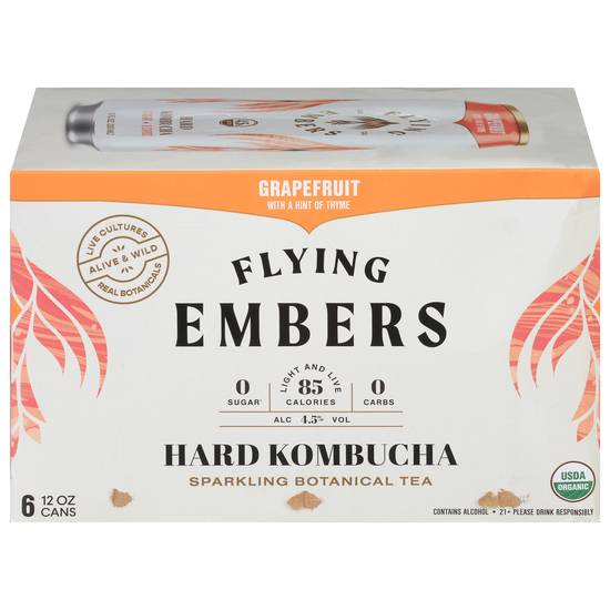 Flying Embers Hard Sparkling Kombucha Sparkling Botanical Tea (6 pack, 12 fl oz) (grapefruit )