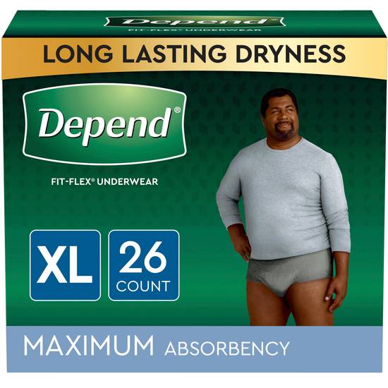 Depend FIT-FLEX Incontinence Underwear for Men, Maximum Absorbency, XL, Grey, 26 Count