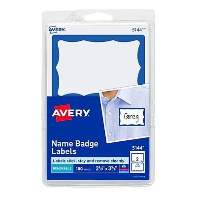 Avery Adhesive Laser/Inkjet Name Badge Labels, 2 1/3 x 3 3/8, White with Blue Border, 100 Labels Per Pack (5144)