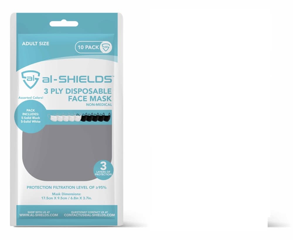 al-Shields 3 Ply Disposable Face Masks, 6.8x3.7 in, Black/White (10 ct)