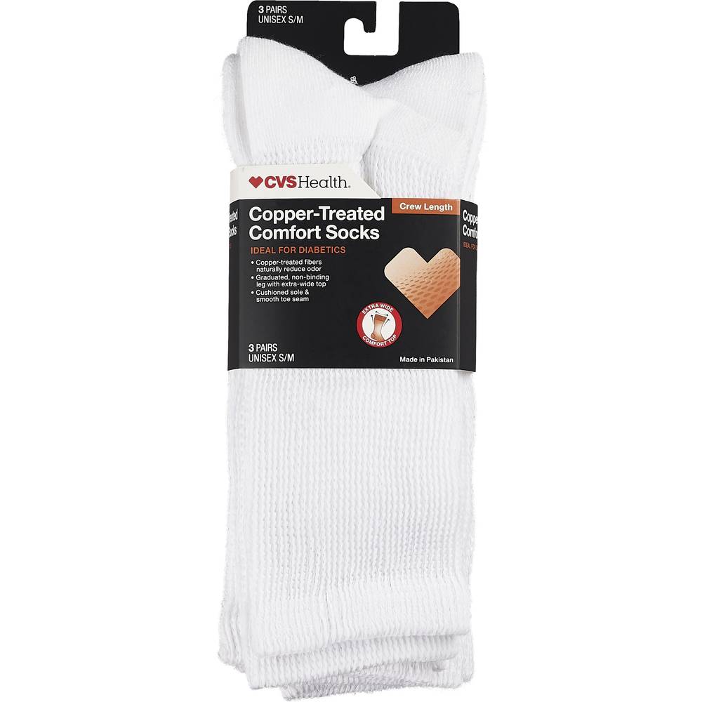 CVS Health Copper-Infused Crew Comfort Socks Unisex, 3 Pairs, S/M, White