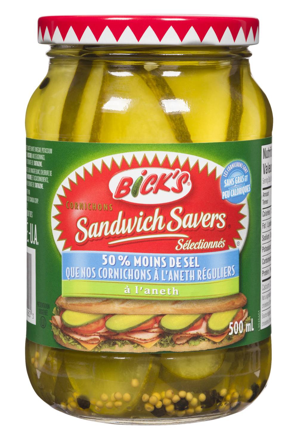 Bick's cornichons sandwich savers à l’aneth 50 % moins de sel (500 ml) - 50% less salt sandwich savers pickles (500 ml)