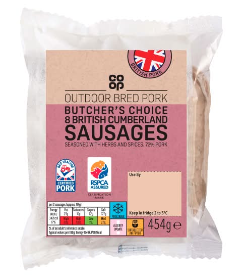 Co-op Outdoor Bred Pork Butcher's Choice British Cumberland Sausages (8 pack)