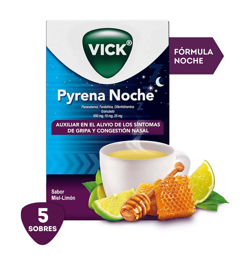 Vick · Pyrena noche té antigripal, miel-limón (5 un)