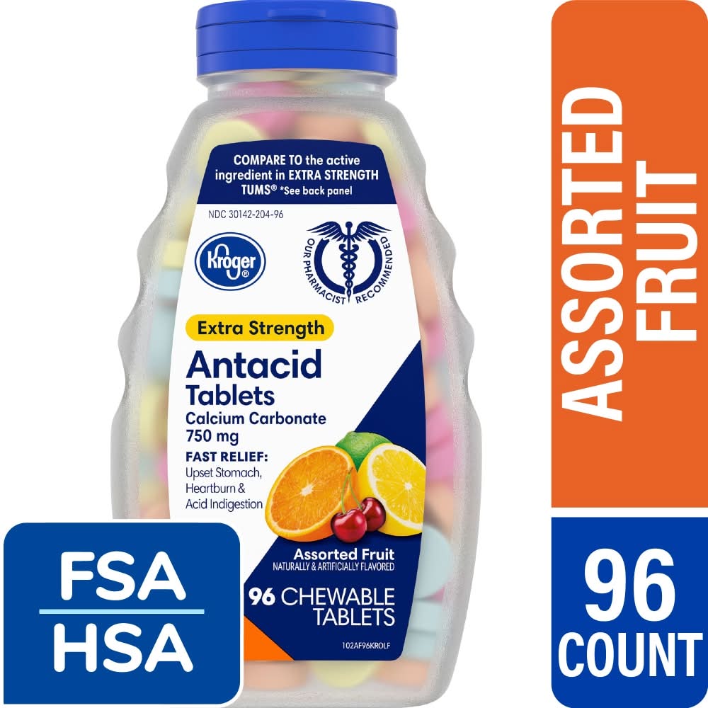 Kroger Extra Strength Antacid Calcium Carbonate Chewable Tablets 750 mg, Assorted Fruit (96 ct)