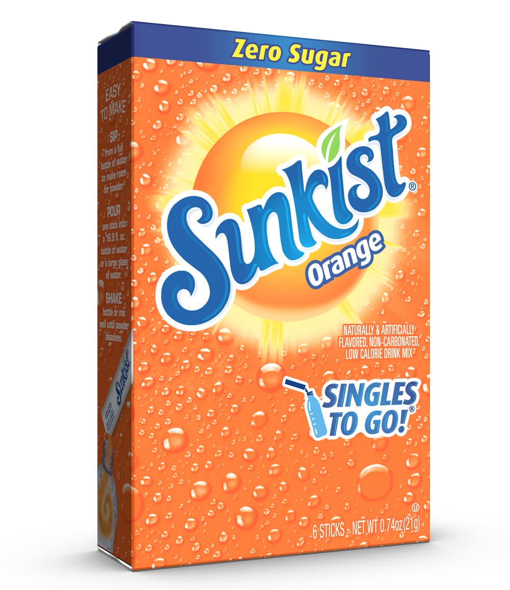 Sunkist Singles To Go! Zero Sugar Drink Mix, Orange (0.74 oz, 6 ct)
