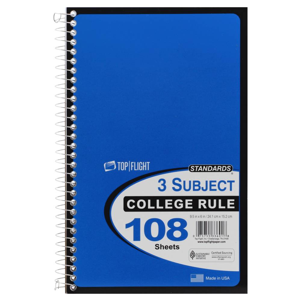 Top Flight 3 Subject College Ruled Notebook