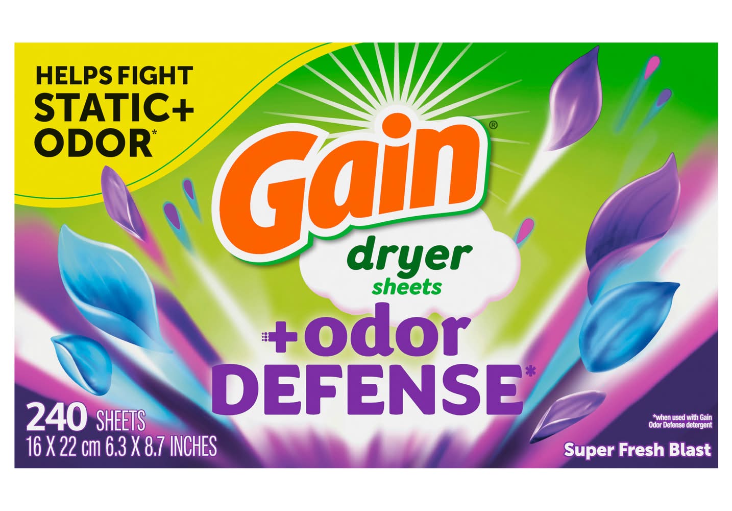Gain Odor Defense Fabric Softener Dryer Sheets, Super Fresh Blast, 6.3x8.7 in