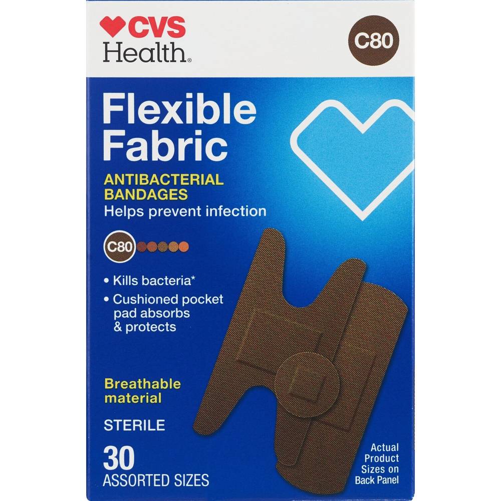 CVS Health Flexible Fabric Antibacterial Bandages, C80, Assorted Sizes, 30 CT