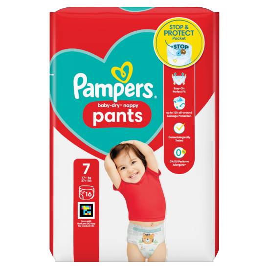 Pampers Baby-Dry Nappy Pants Size 7, 16 Nappies, 17kg+, Carry pack