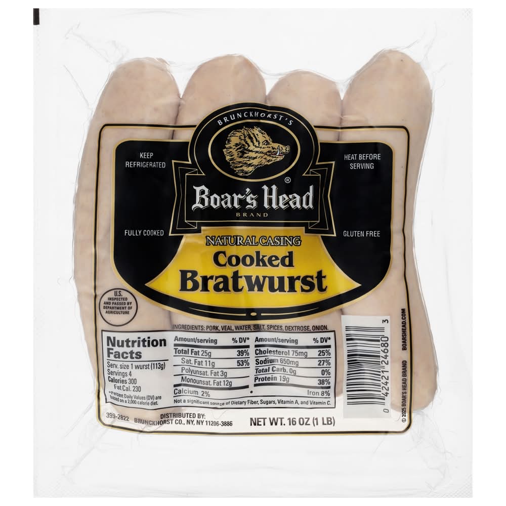 Boar's Head Natural Casing Cooked Bratwurst (16 oz, 4 ct)
