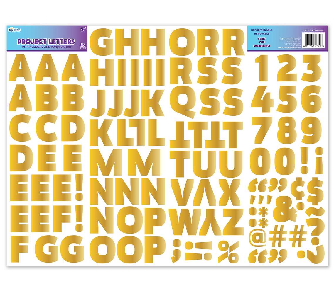Royal Brites Holographic Foil Project Letters and Numbers Stickers, 2", Gold (115 ct)
