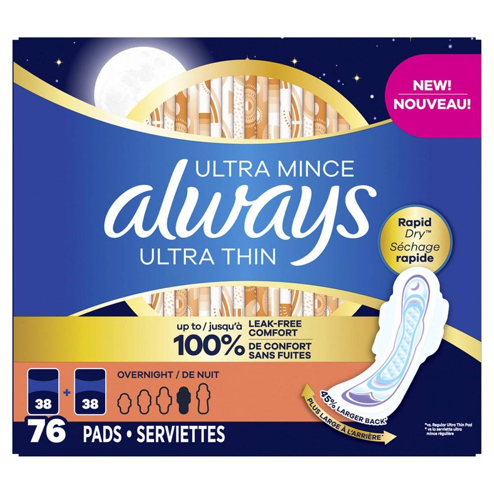 Always Ultra Thin - Serviettes De Nuit, Avec Ailes, 76 Serviettes / Always Ultra Thin Overnight Pads, Unscented With Wings, 76 Count