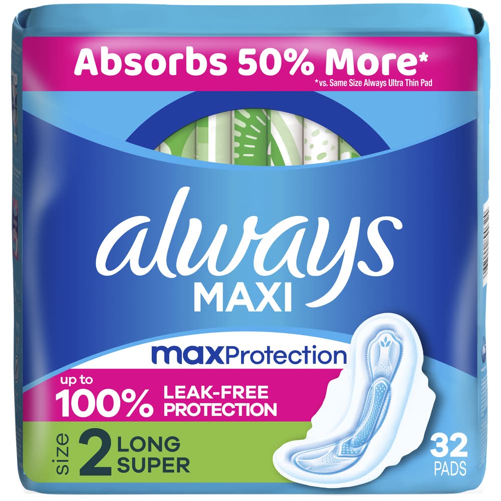 Always Maxi Long Super Pads With Wings, 2 (32 ct)
