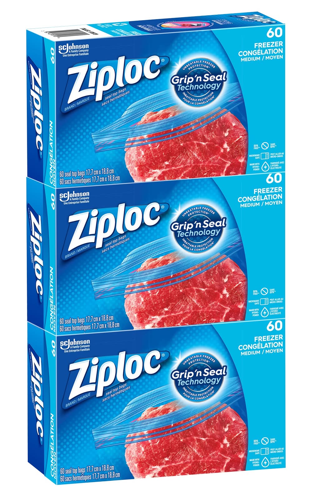 Ziploc - Sacs Pour Congélation Faciles À Ouvrir De Format Moyen, 3 Paquets De 60 / Ziploc Easy Open Medium Freezer Bags, 3 Packs Of 60