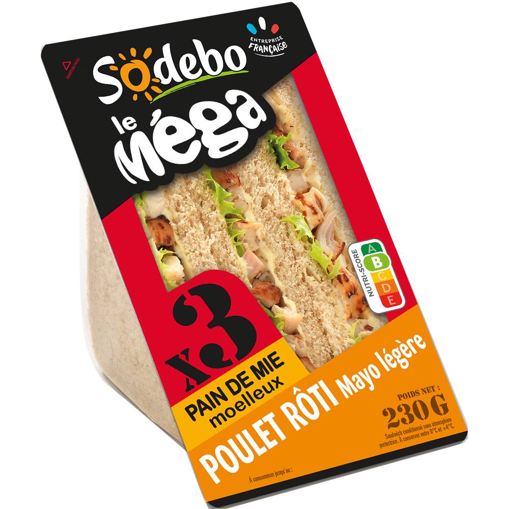 Sandwich Méga Club complet, poulet rôti et mayonnaise SODEBO, 230g