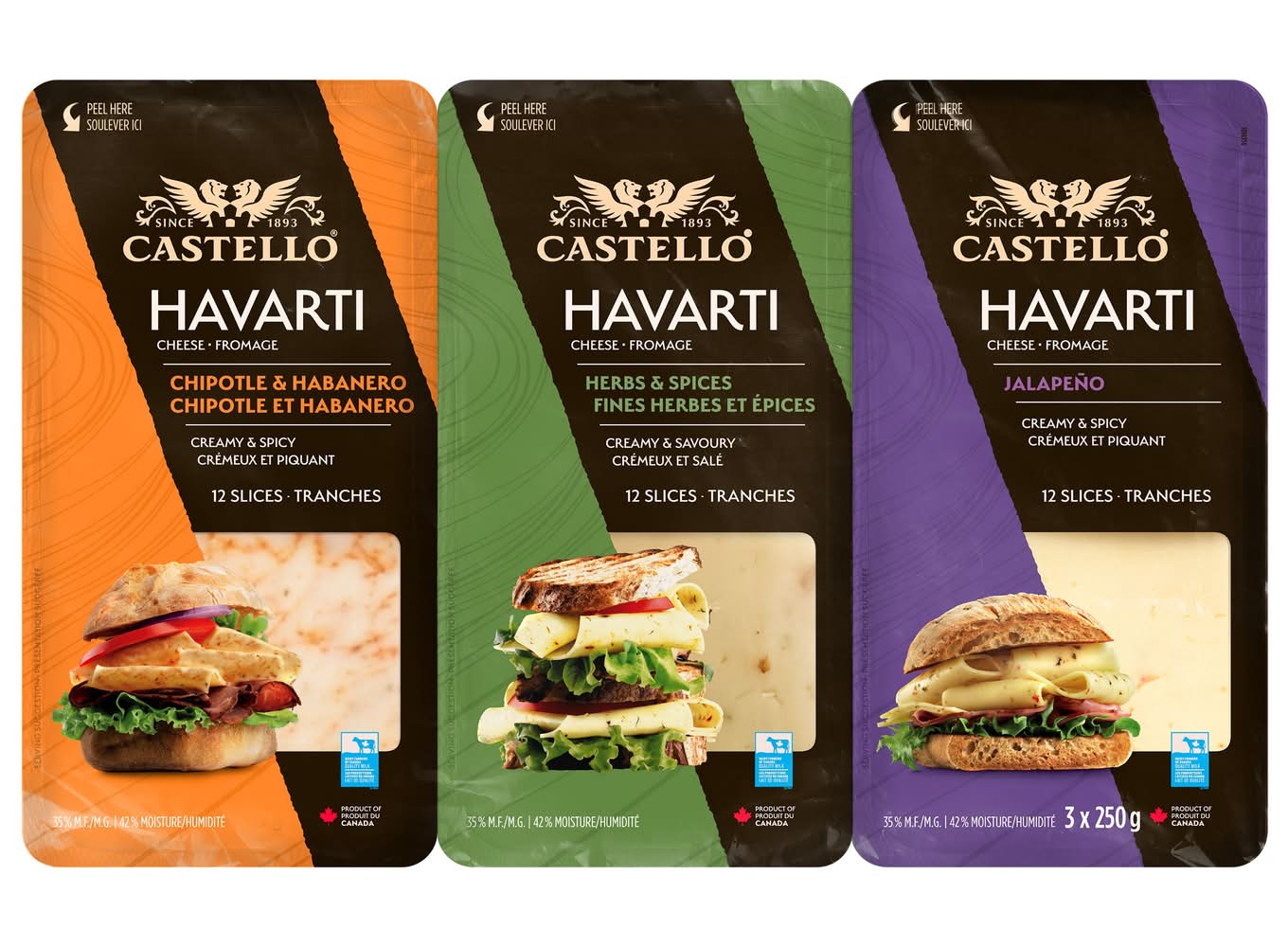 Castello - Assortiment De Tranches De Fromage Havarti, 3 × 250 G / Castello Havarti Cheese Slices Variety Pack, 3 × 250 G