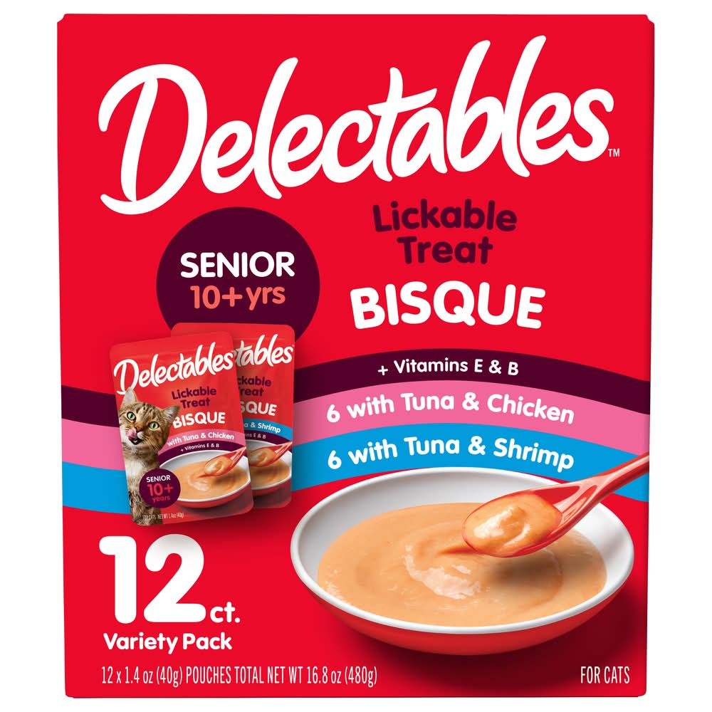Delectables Senior Lickable Bisque Cat Treats Pouches Variety pack, Assorted (12 x 1.4 oz)