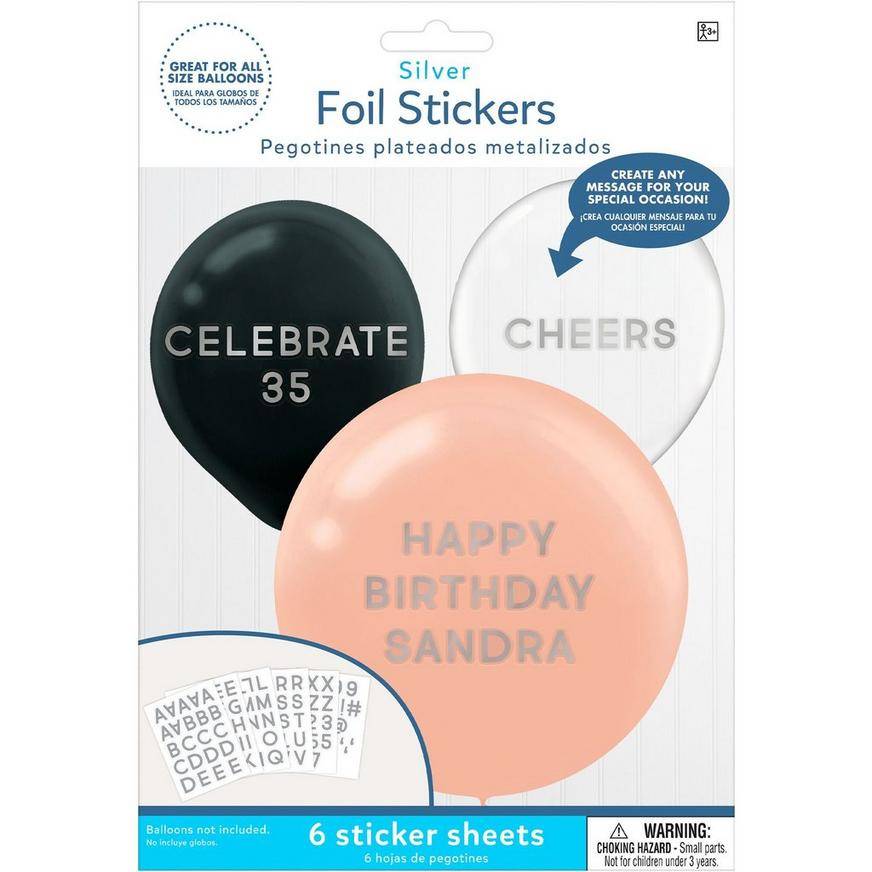 Silver Letter Number Balloon Stickers, 6 Sheets, 133pc