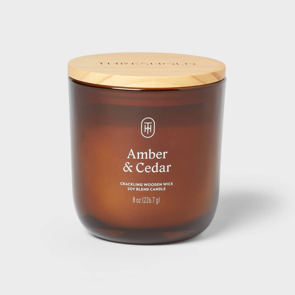 Threshold Glass Wooden Wick Jar Candle, Amber-Cedar (8 oz)