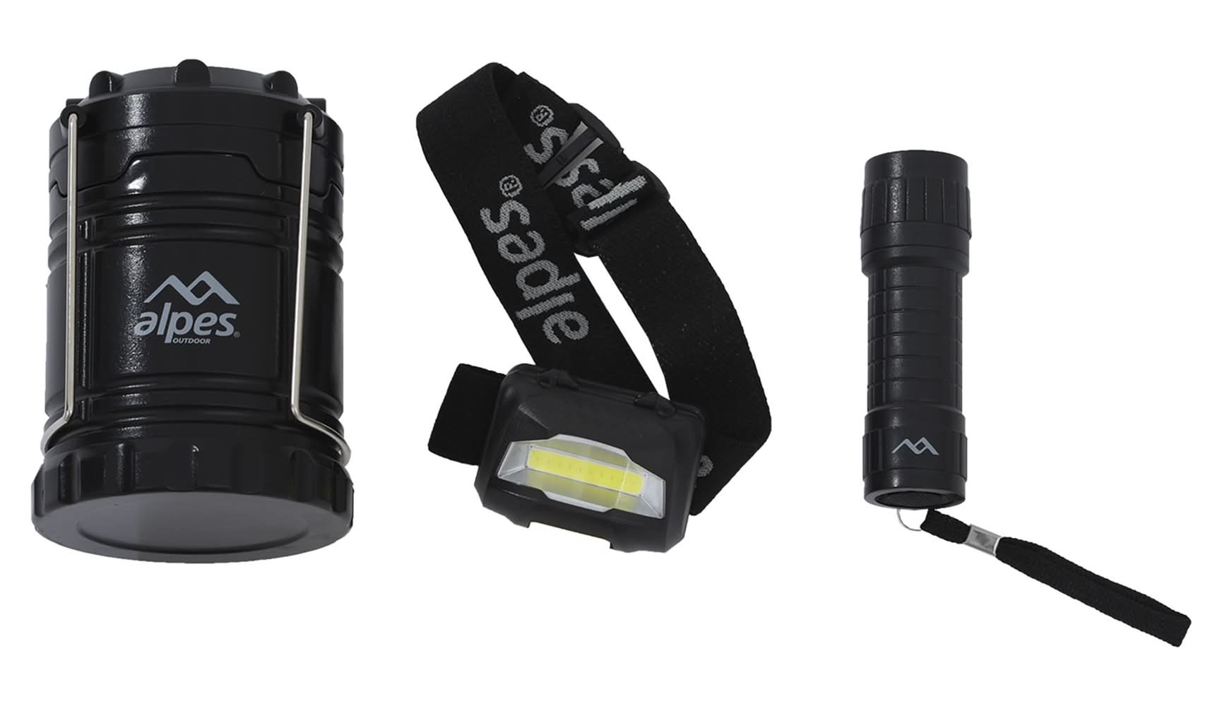 Alpes · Pack linterna + luz frontal + lámpara de camping (3 un)