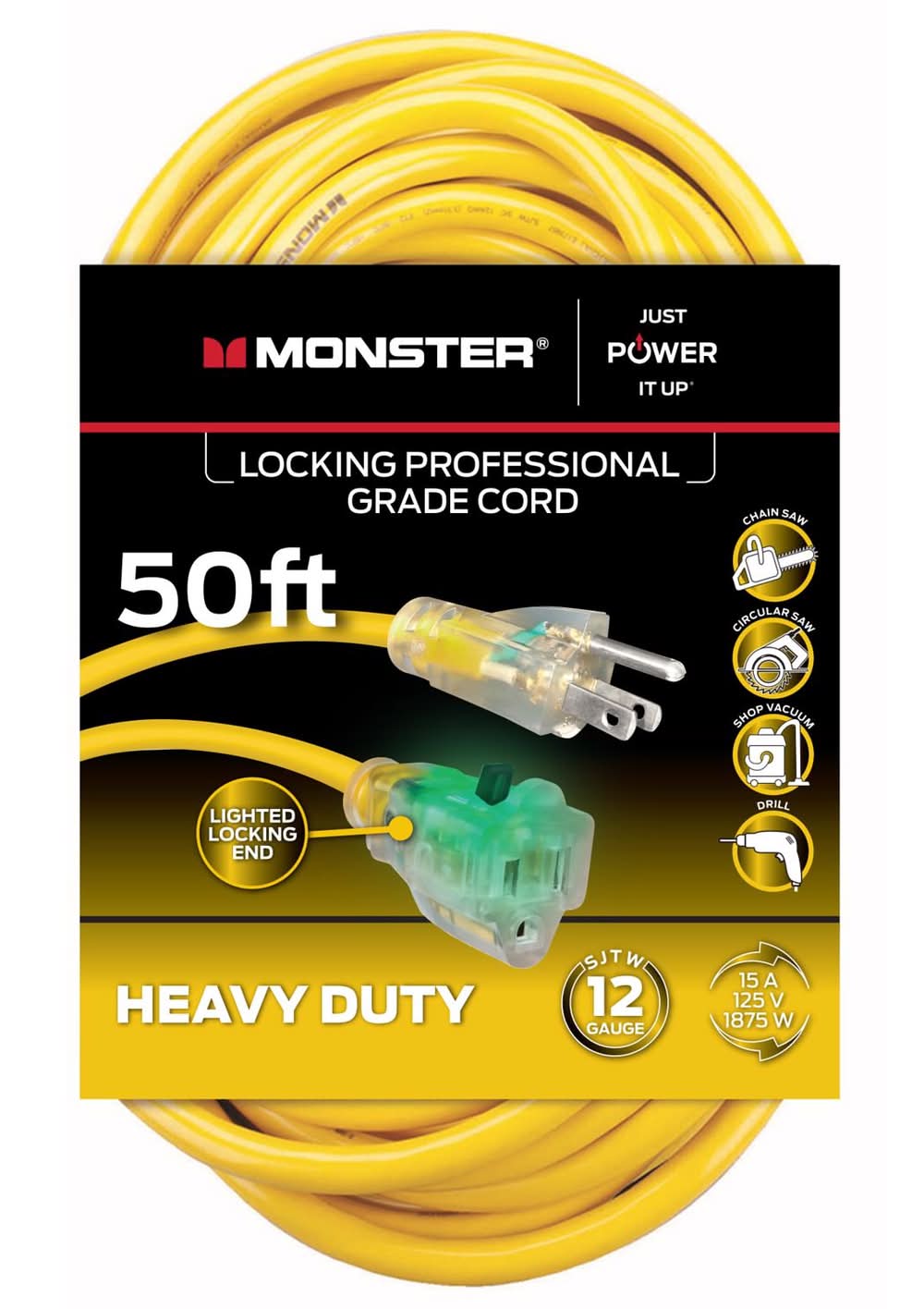 Monster Just Power It Up Outdoor 50 Ft. L Yellow Extension Cord 12/3 Sjtw