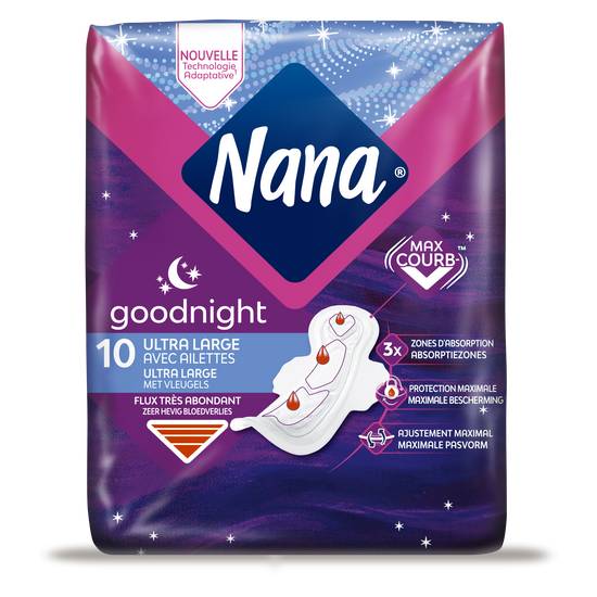 Nana - Serviettes hygiéniques ultra goodnight avec ailettes (10 pièces)