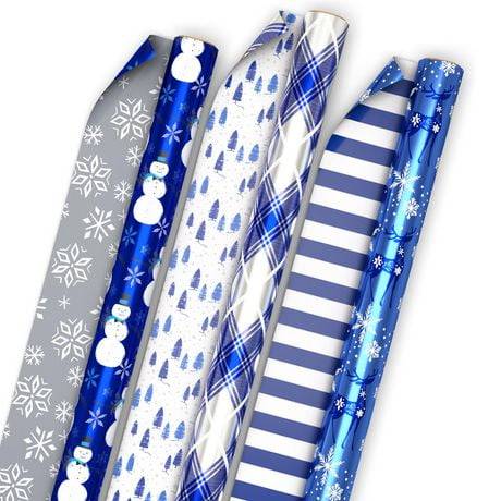 Hallmark 3-Pack Assorted Holiday Blue And Silver Reversible Wrapping Paper Roll Bundle (50 Sq. Ft. Total)