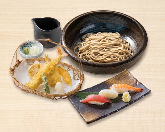 海老天ぷら冷やしそばと寿司三貫セット