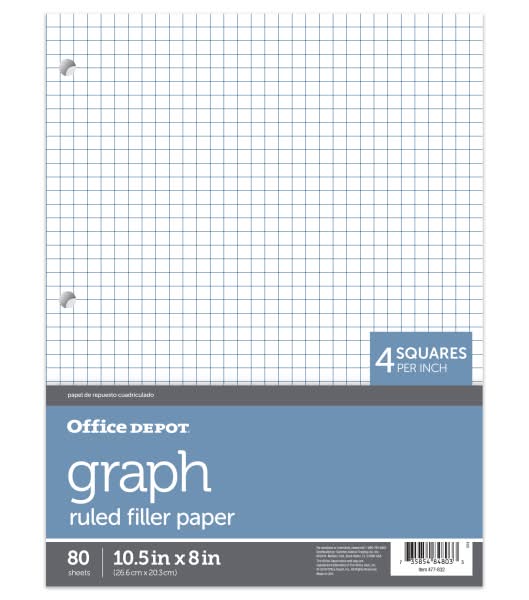Office Depot® Brand Quadrille-Ruled Notebook Filler Paper, 8" x 10 1/2", White, Pack Of 80 Sheets