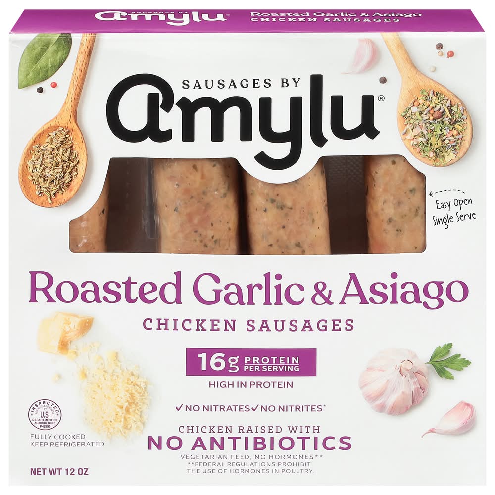 Amylu Foods Chicken Sausages, Roasted Garlic & Asiago (12 oz)