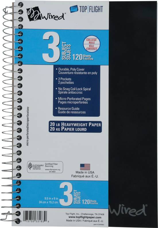 Top Flight College Rule Wired 3 Subjects Notebook Sheets (120 ct)