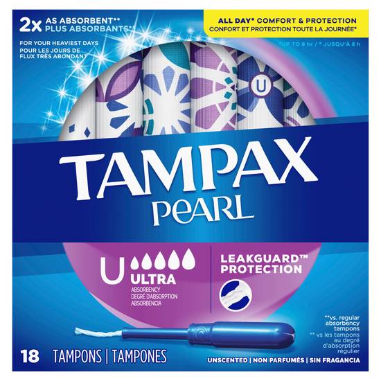 Tampax Pearl Tampons Ultra Absorbency with LeakGuard Braid, Unscented, 18 Count