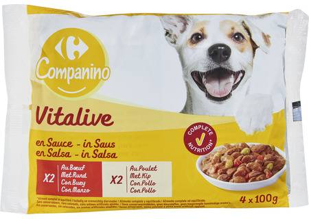 Carrefour Companino - Pâtée pour chien aux émincés de bœuf et poulet et sauce aux légumes en sachets (400g)