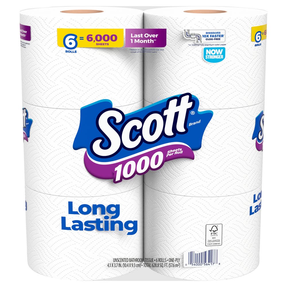 Scott 1000 Long Lasting One Ply Toilet Paper Rolls, 4.1x3.7 in (6 ct)