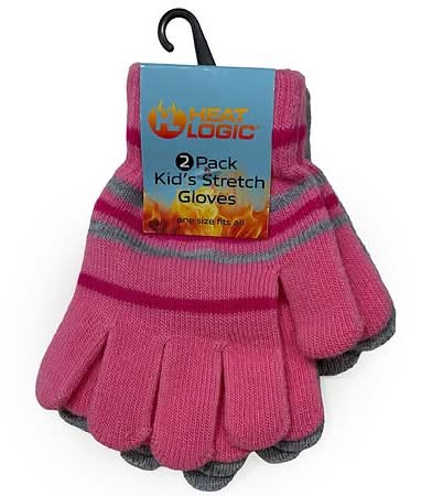 Heat Logic Kid's Stretch Gloves, OSFM, Pink Stripe/Grey (2 ct)