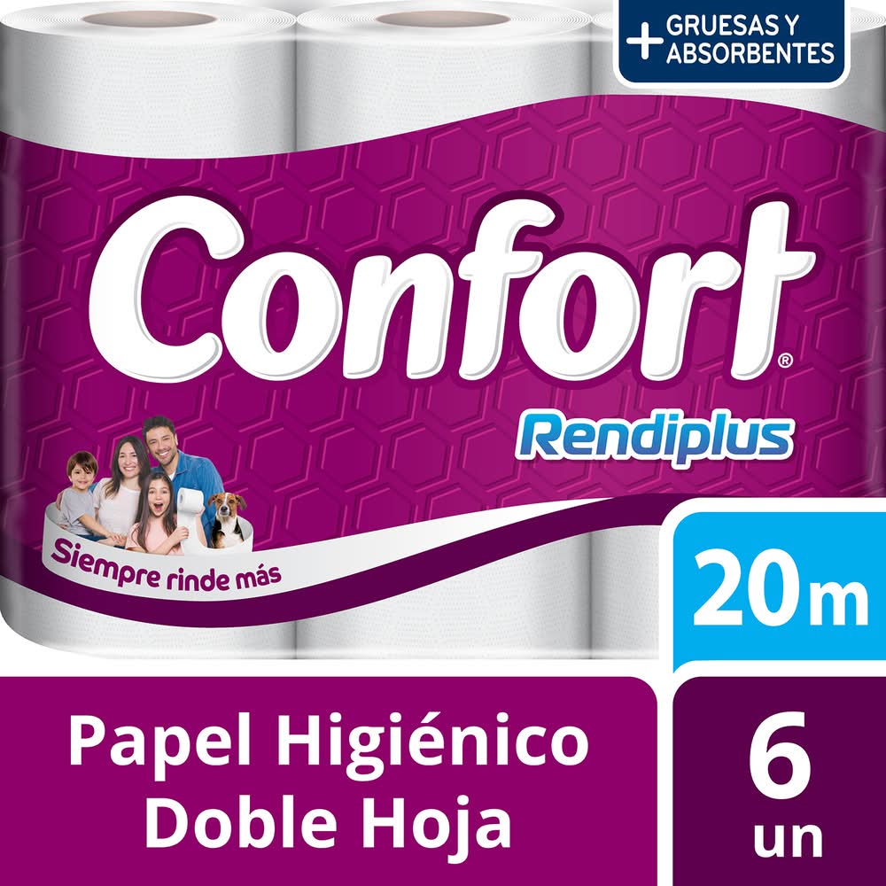 Confort · Rendiplus papel higiénico doble hoja - 20 m (6 un)