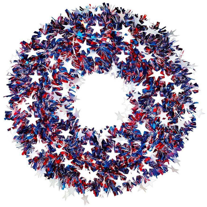 Party City Patriotic Star Tinsel Wreath (red-white-blue )