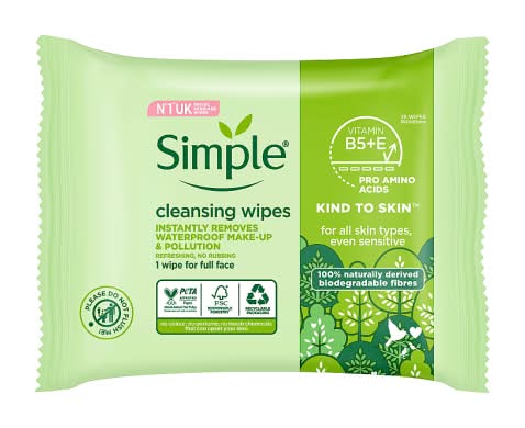 Simple Kind To Skin 100% Naturally Derived Vitamin B5 + E Biodegradable Cleansing Face Wipes (25 pack)